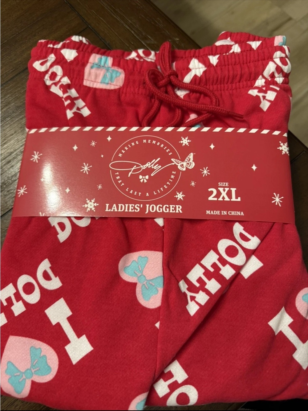 Dollcake Red Jogger Pajama Bottoms with Pink & Light Blue Heart Accents
